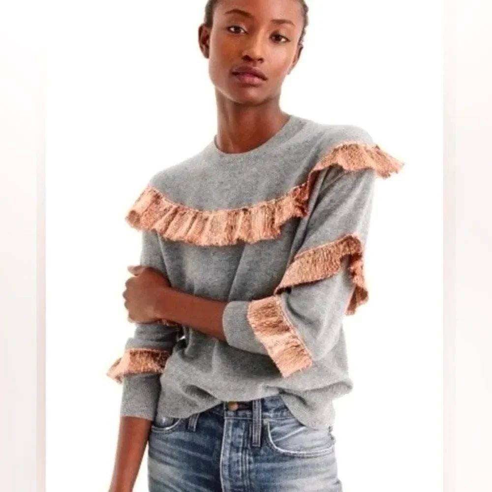 J.Crew Cashmere Crewneck Gray Metallic Fringe Small